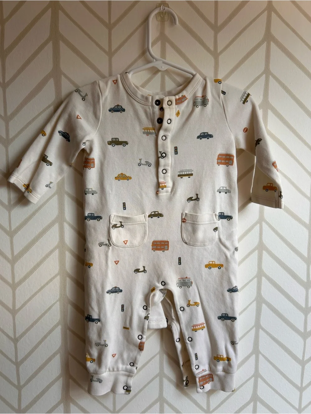 *Pehr-* Cream Baby One-Piece Romper with Vehicle Print
